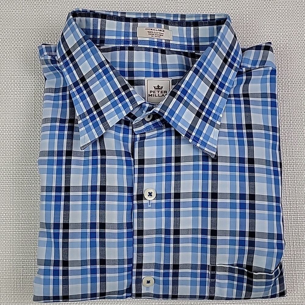 Peter Millar Hidden Button-Down Long-Sleeve Blue Plaid Dress Shirt XL‎